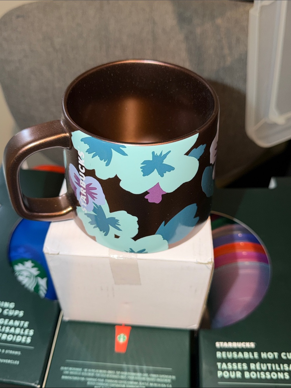 Starbucks Brown Mug with Teal & Aqua Floral Print